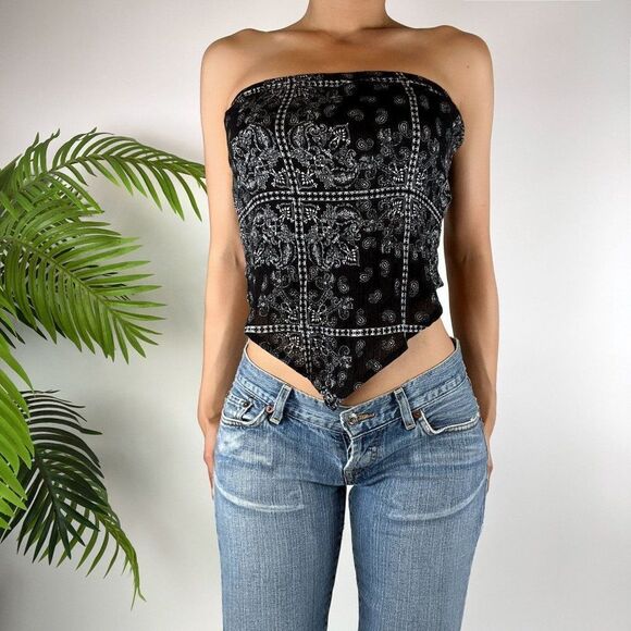 Y2K Style Black Indie Grunge Floral Bandana Bandeau Summer Crop Top / Size: XL - Picture 1 of 4